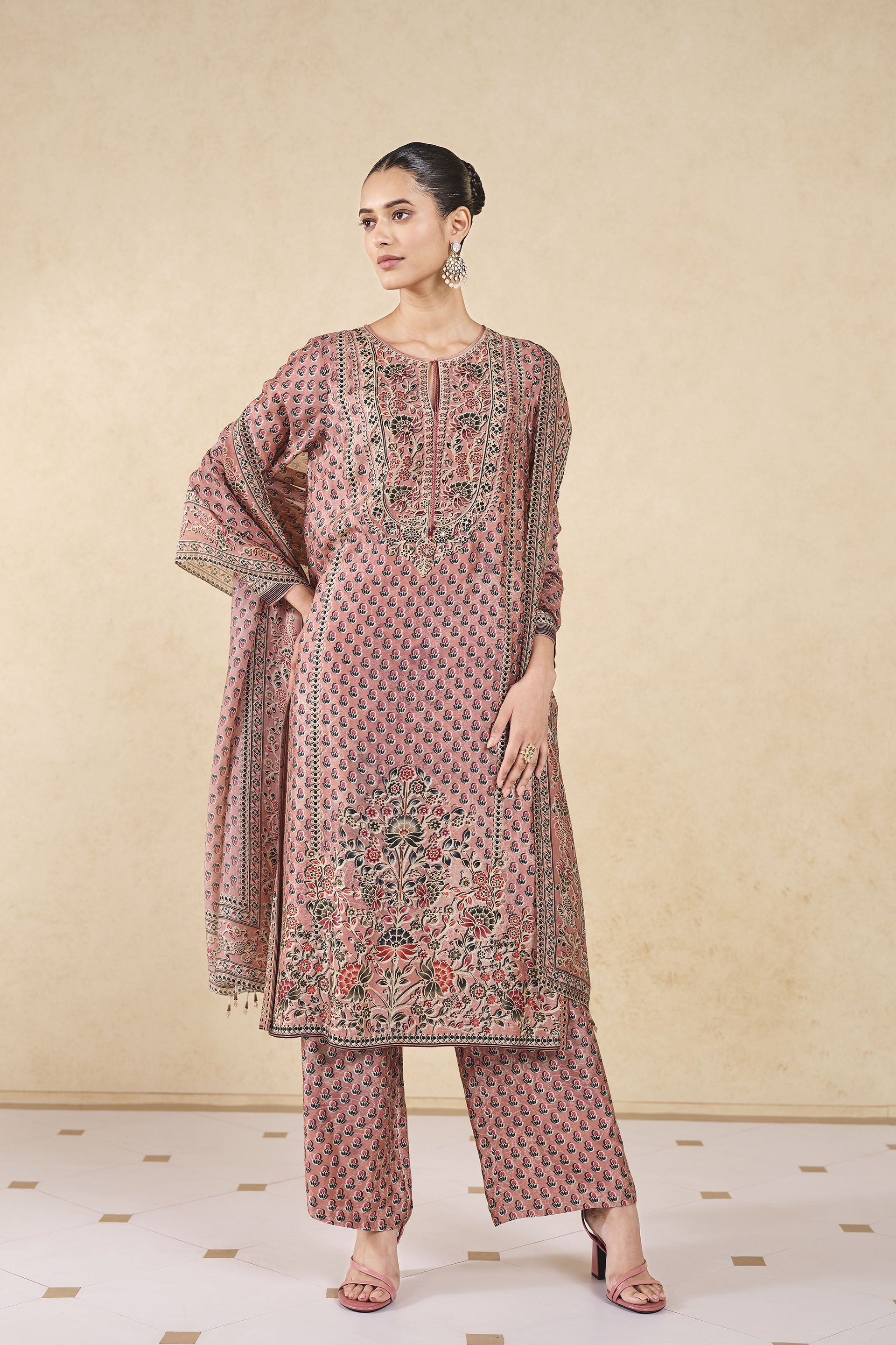 Buy Designer Sierra Printed Silk Suit Set Blush Online from Anita Dongre